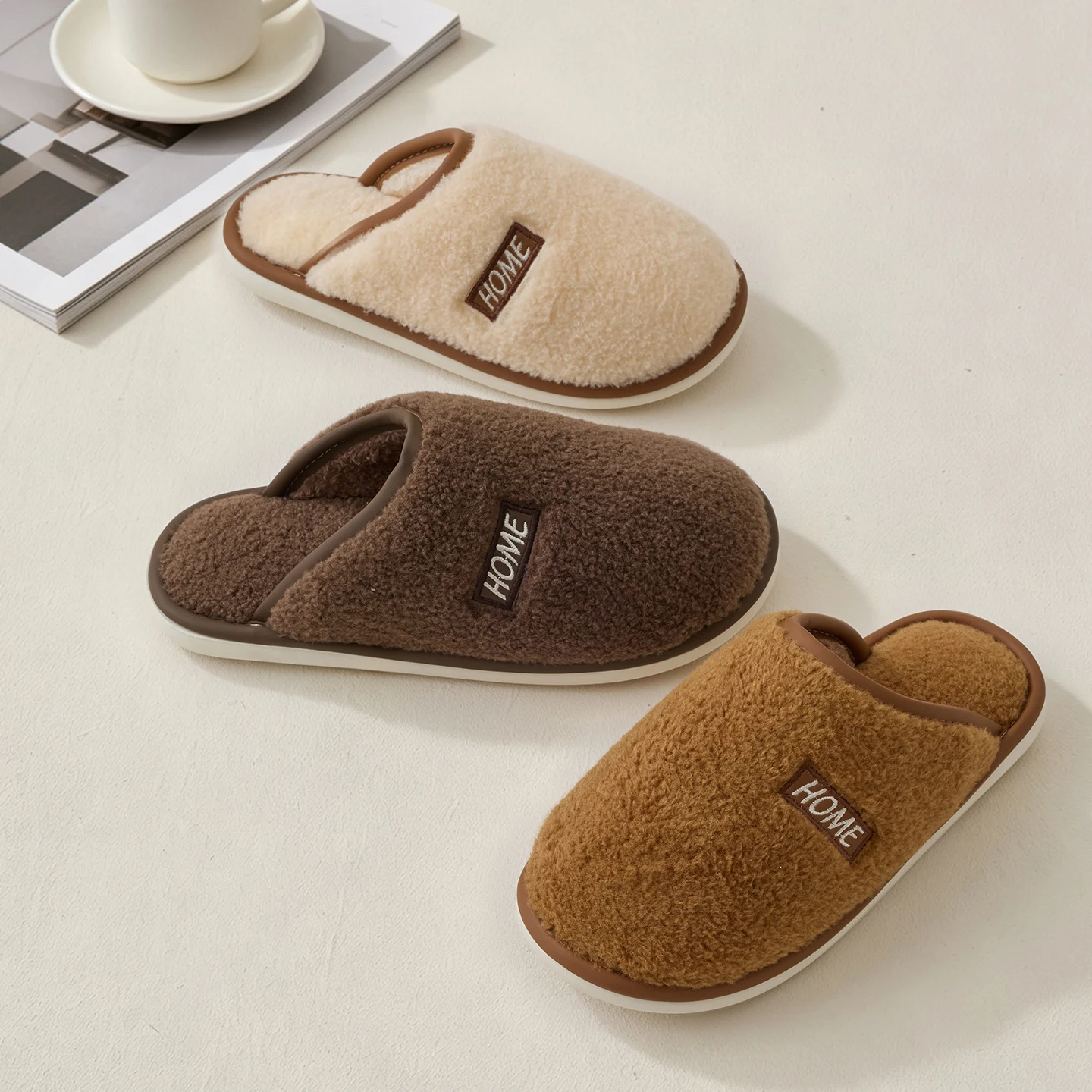 Women Solid Color Plush Slippers HOME Embroidery Warm Fuzzy Slip‑On PVC Non‑Slip Sole Indoor Winter House Slippers