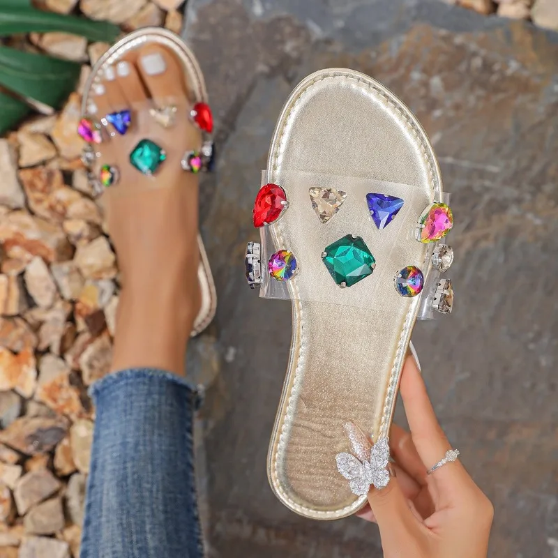 Womens Flat Slippers 2024 New Summer Outdoor Open Toe Sandals Beach Fashion Ladies Luxury Rhinestone Designer Slippers for Women