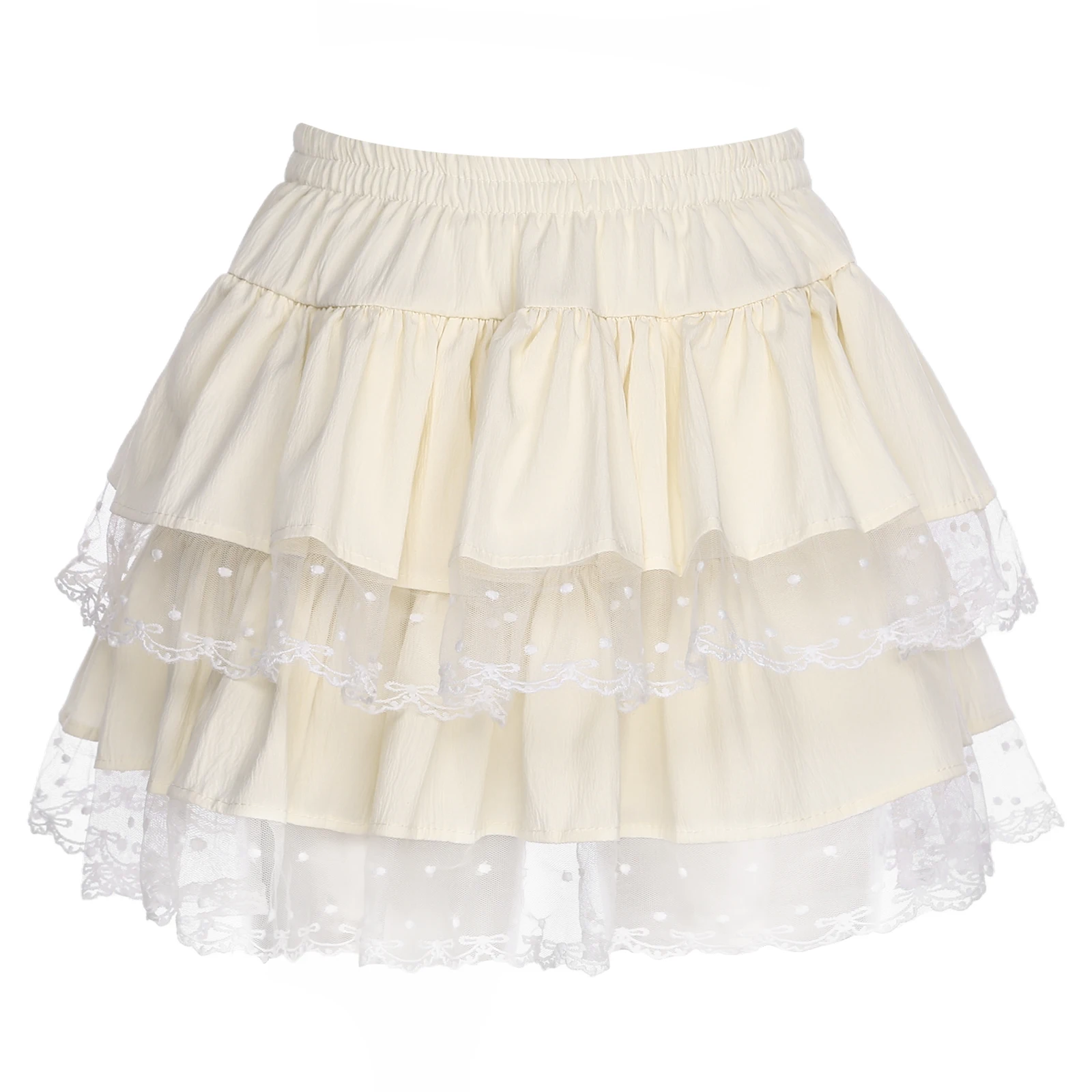 

Sweet Lace Trim Lolita Style Skirts Women Elastic Waistband Tiered Ruffled Skirt with Built-in Shorts for Birthday Party Club
