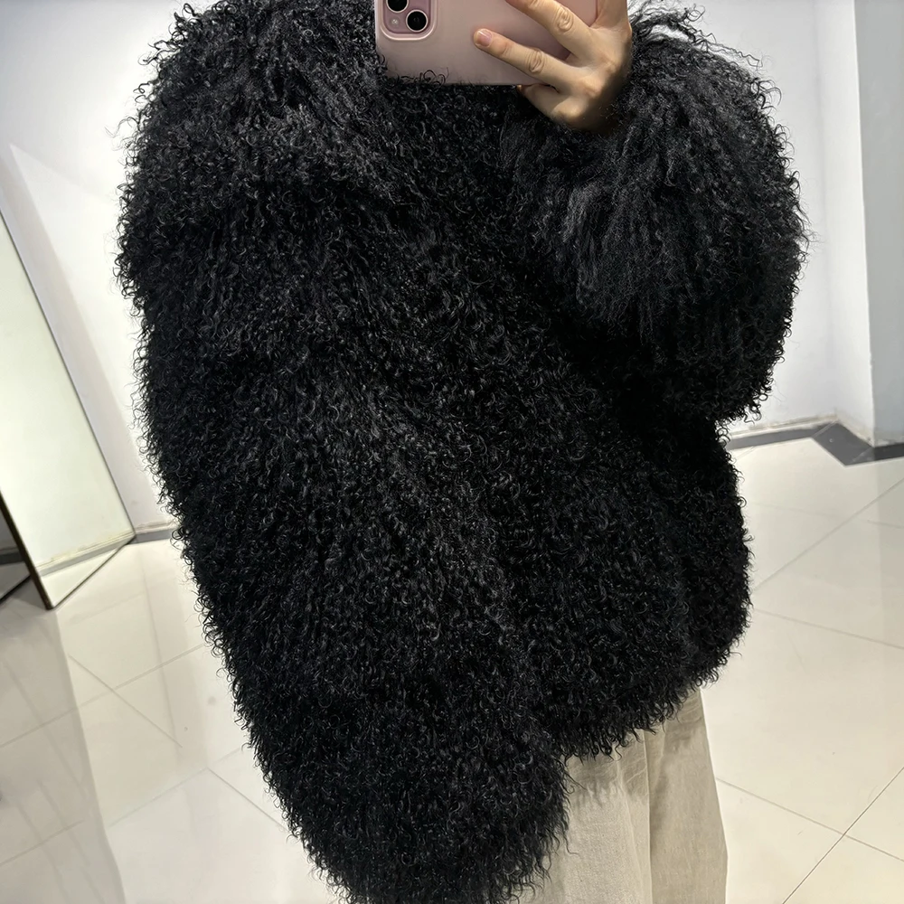 YOLOAgain Plus Size Dark Brown Mongolia Sheep Fur Jacket Women Real Fur Jacket Female Winter Warm Outerwear