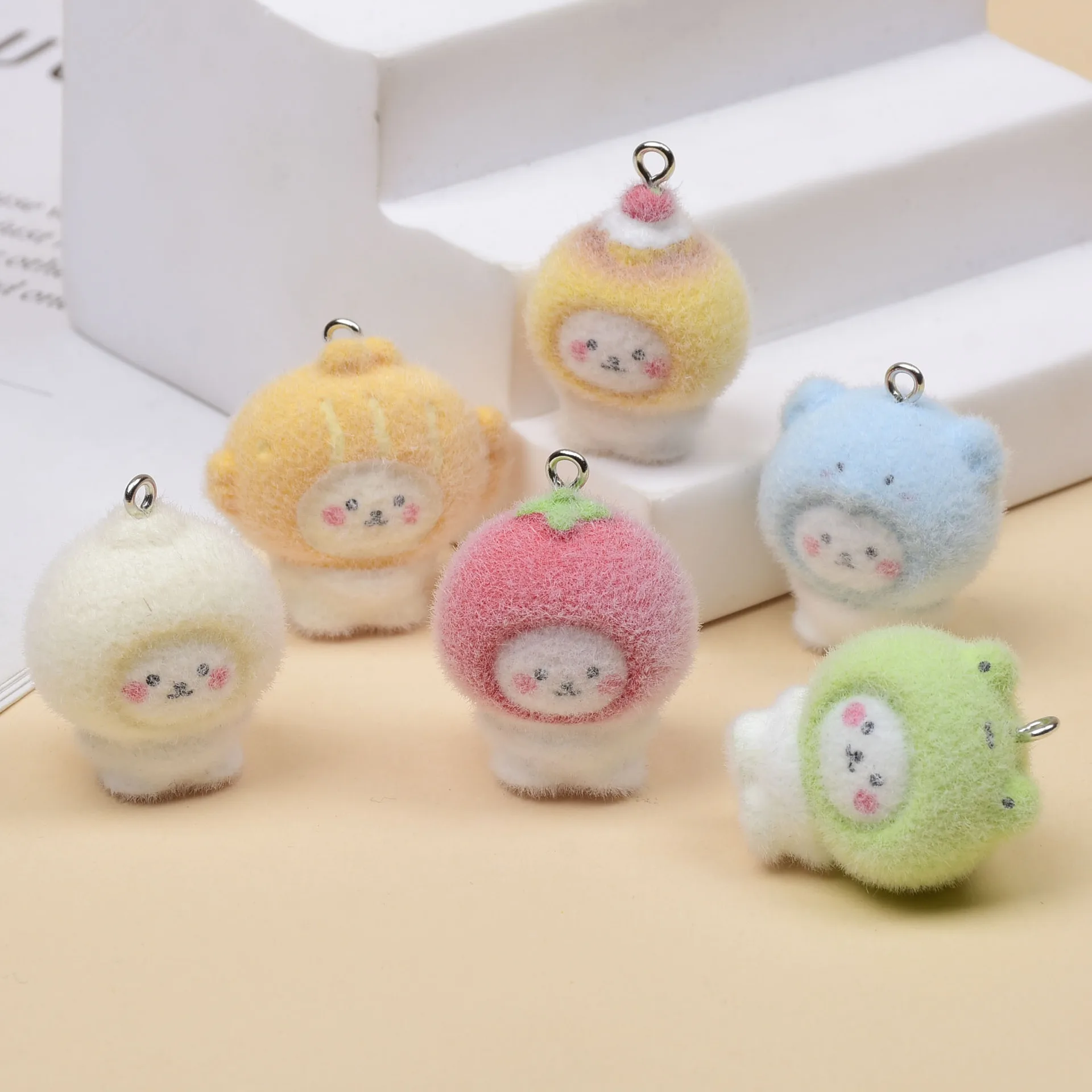 

6pcs Flocking Cute Little Bear Resin Charms Animal Pendant DIY Phone Chains Keychain Accessory for Jewelry Making Findings