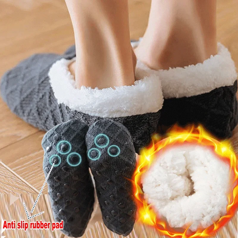 New Winter Floor Slippers Women Indoor Home Socks Warm Velvet Floor Socks Plush Soft Slippers Pantoffels Adults Bottom Glue Sock