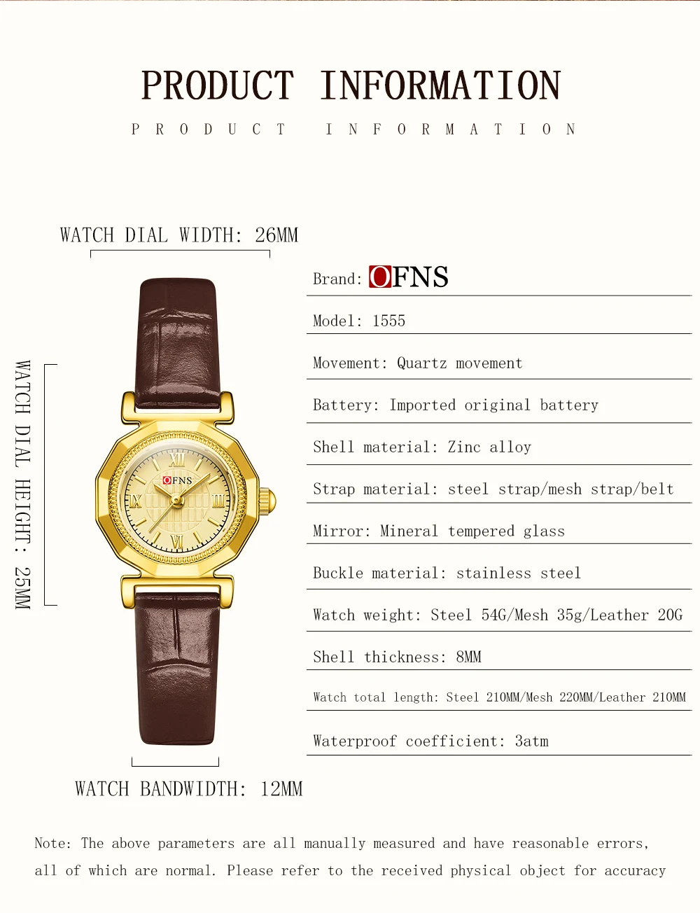OFNS العلامة التجارية الجديدة 1555 ساعة كوارتز نسائية فاخرة مقاوم للماء موضة ريترو النمط الروماني رائع ساعة كوارتز نسائية