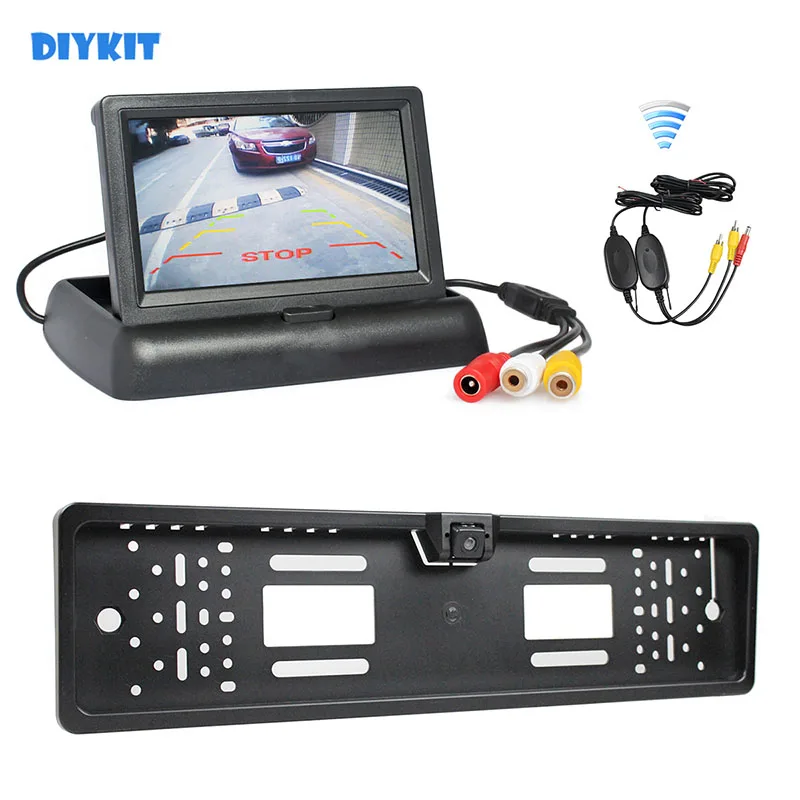 

DIYKIT Wireless Foldable 4.3inch LCD Display Car Monitor Waterproof European Car License Plate Frame Rear View Backup Camera