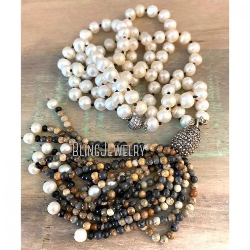 5pcs Boho Hand Knot Freshwater Pearl Bead Long Layer Necklace Women Fringe Tassel  Statement Designer Collar Grunge Jewelry