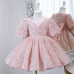 Pink Sequin Formal Dresses for Teens Girls 2023 Luxury Gowns 2 To 14 Years Kids Bow Princess Evening Short Dress Birthday Party