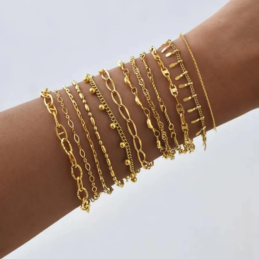 18K Gold Plated Link Bracelet for Women, Stainless Steel Stackable Chain Wristband, Adjustable Waterproof Jewelry
