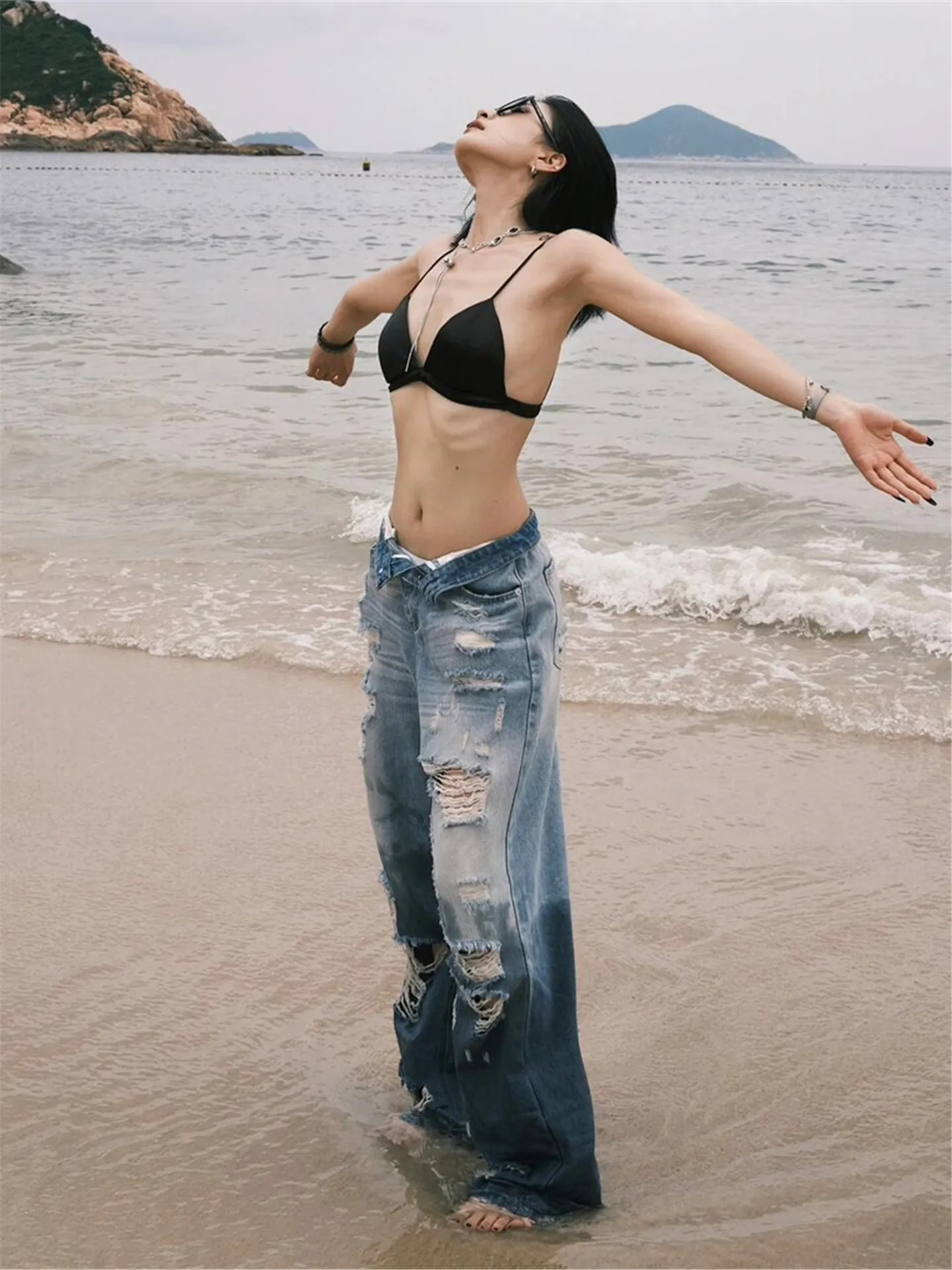 

Retro American Hole Straight Leg Jeans Women Summer Thin Loose Slimming Sexy Long Cotton Casual High Waist Button Soft