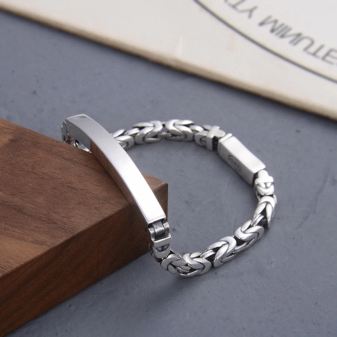S925 sterling silver decorative stylishretro liuzhenyan men simple thai silver glossy square pattern bracelet