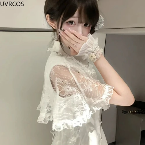 Imagen 2 del producto Vestido gótico japonés Y2k estilo con lazo de diamantes de imitación para mujer, chal con volantes de encaje Kawaii, camisas, vestidos coreanos de moda para fiesta, vestido de Lolita