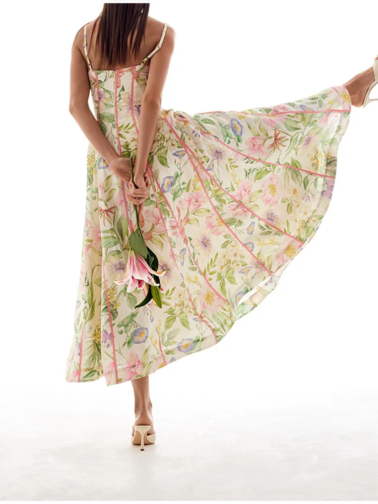 2026 Neues Boho Blumenmuster Neckholder Maxikleid für Damen Korsett-Bustier Rosa Besatz A-Linie Fließendes Sommer-Urlaubskleid für den Strand – Detail 14