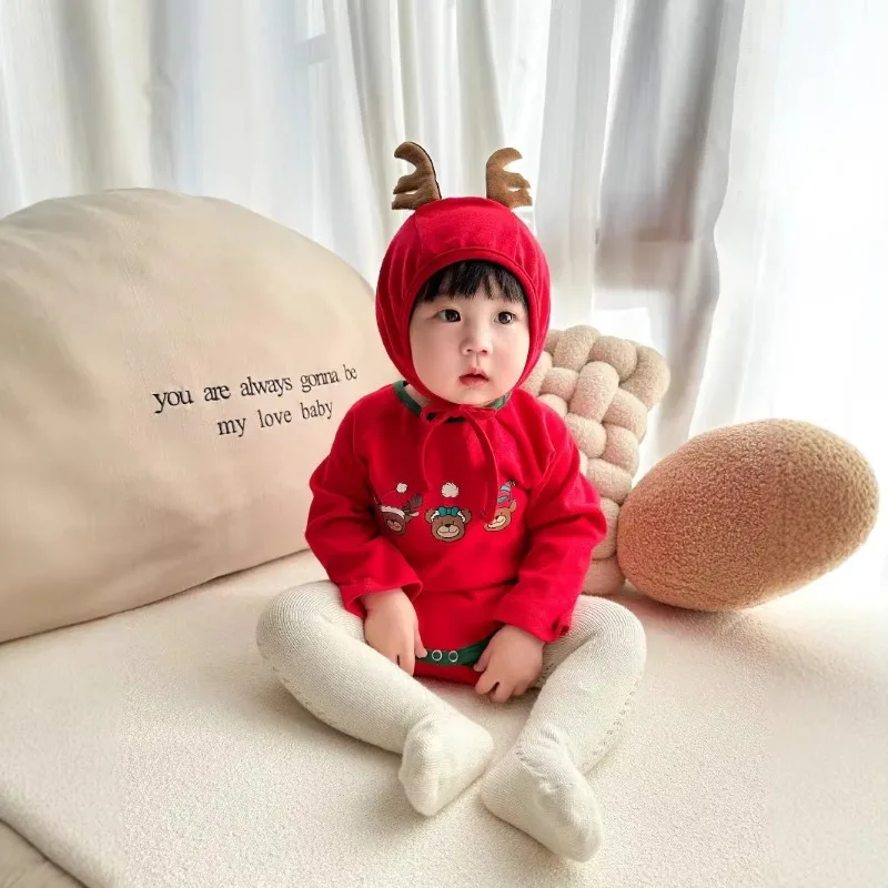 Autumn Winter Korean Baby Jumpsuit Deer Print Design Baby Romper Christmas Costume Long Sleeve Cotton Boy Girl Festival Jumpsuit