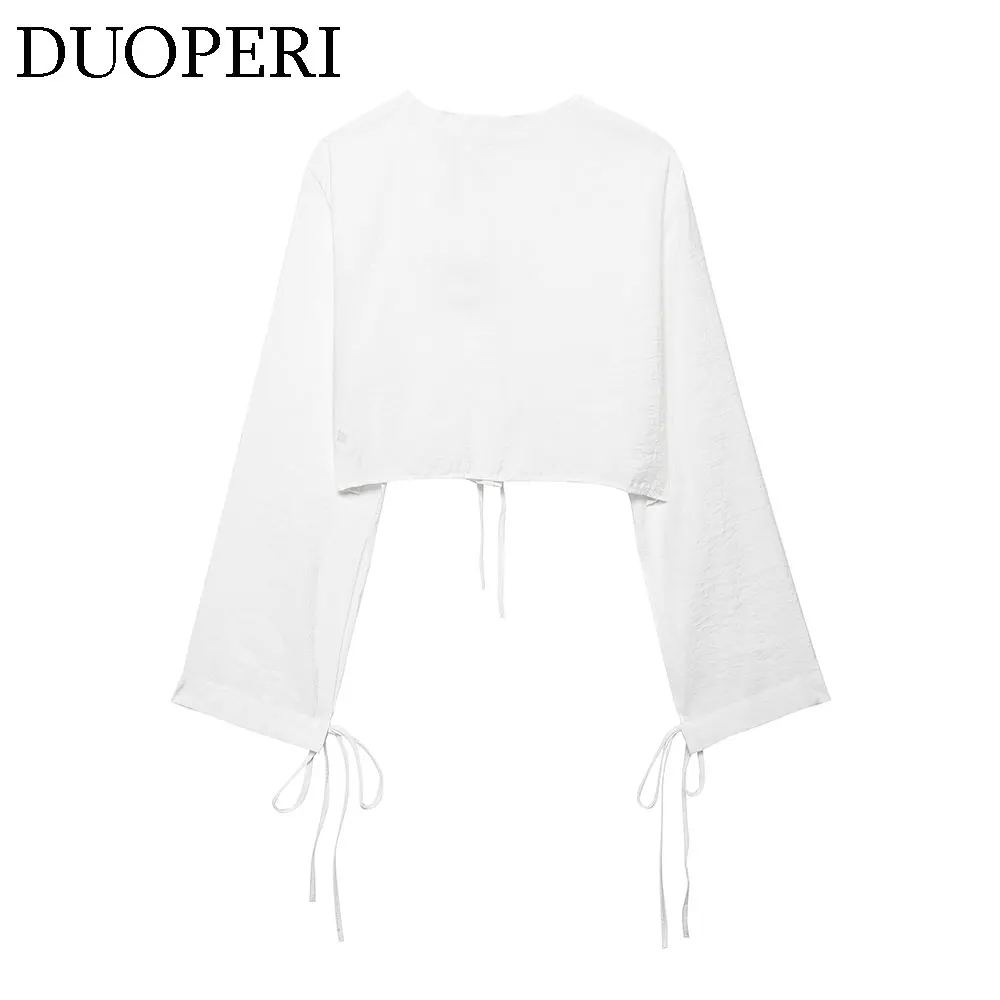 DUOPERI Women Fashion Solid Lace Up Draped Cropped Shirt V-Neck Long Sleeves Female Chic Lady Casual Short Blouse