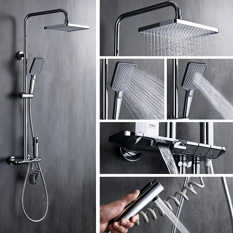 Multi-function bathroom shower sets black Wall mounted shower faucet mixers piano key Thermostatic rainfall bathroom shower sets