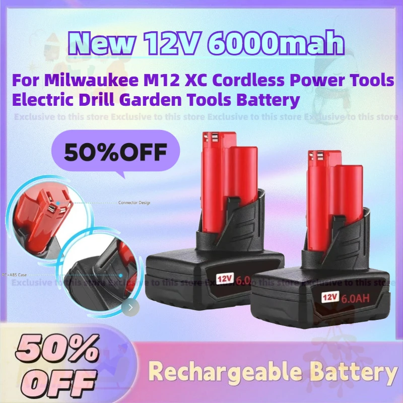 

New 12V 6000mah Li-Ion Rechargeable Battery for Milwaukee M12 XC Cordless Power Tools Electric Drill Garden Tools Battery