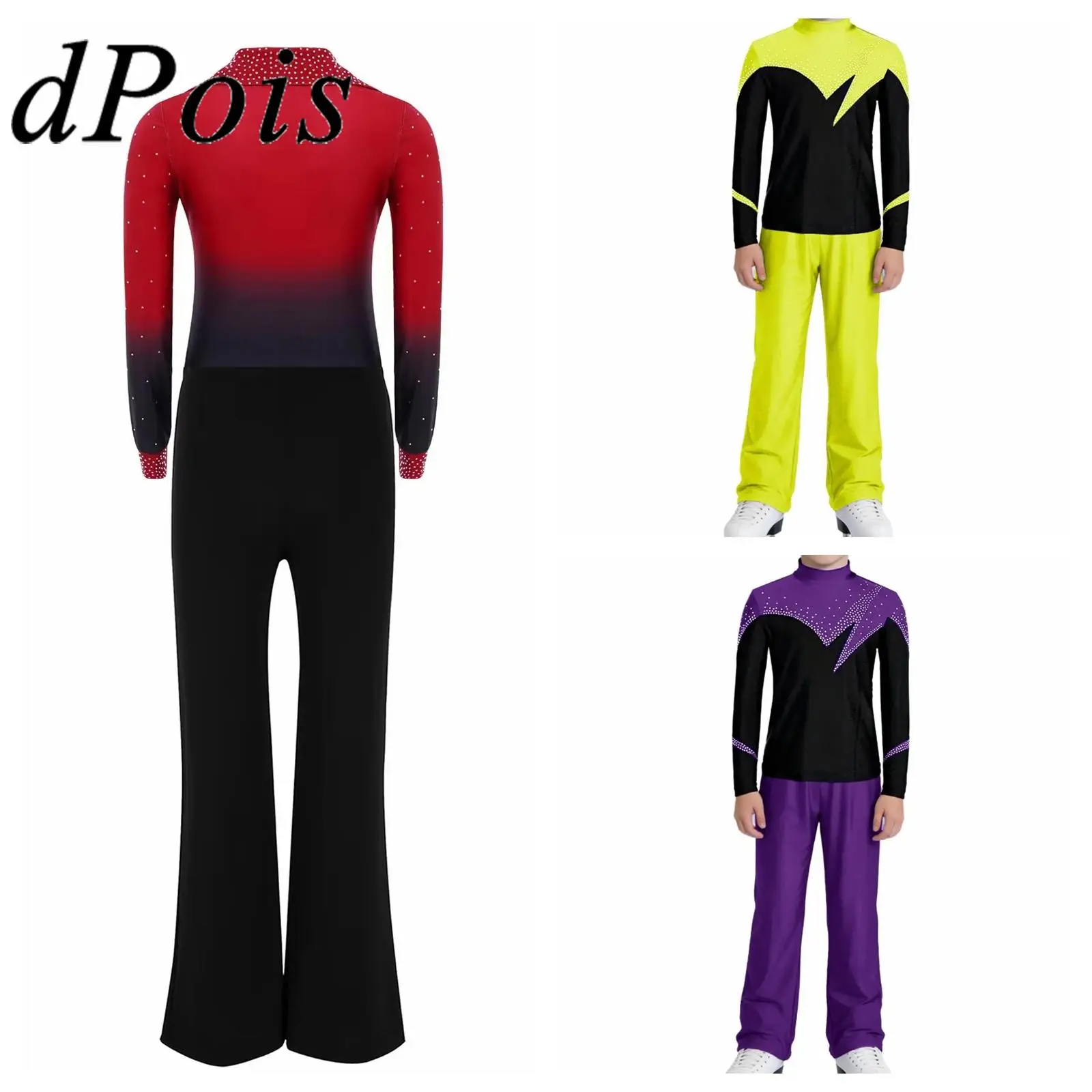 

Boy's Chacha Tango Gymanstics Leotards Childs Performance Costume Turn-Down Collar Long Sleeve Latin Dance Leotard with Pants