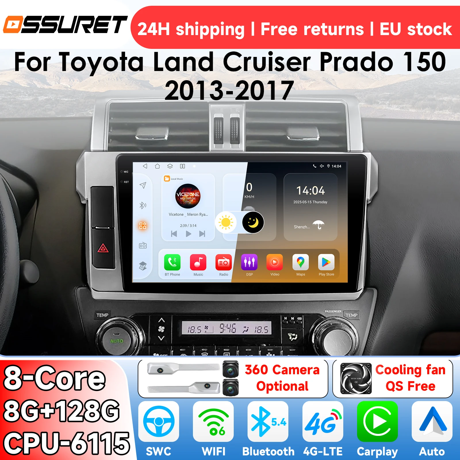 OSSURET AI Android 14 Autoradio per Toyota Land Cruiser Prado 150 2013–2017 Sistema Multimediale Smart CarPlay Lettore Video GPS 4G 6115