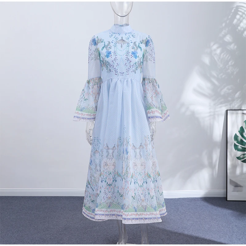 Elegant Floral Printed Women's Dress Stand Collar Full Puff Sleeve A-line Long Dresses 2026 Summer Vacation Party Lady Robes