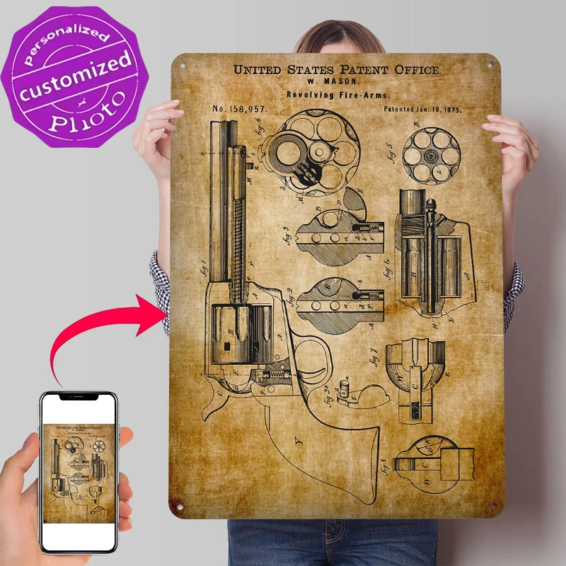 1875 Vintage Revolving Fire Arm Patent Tin Poster Customized Wall Art Retro Vintage Metal Signs for Fans Room Desk Decor Home
