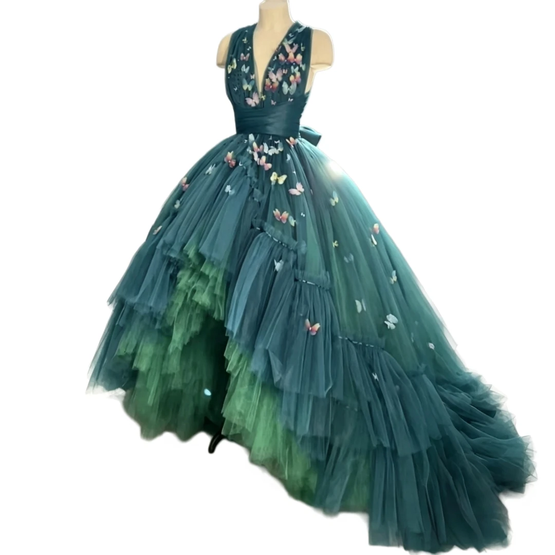 Dark Green High Low Ball Gown Prom Dress Sleeveless Butterfly Applique Gradient Ruffle Tulle Tiered Evening Gown Customized