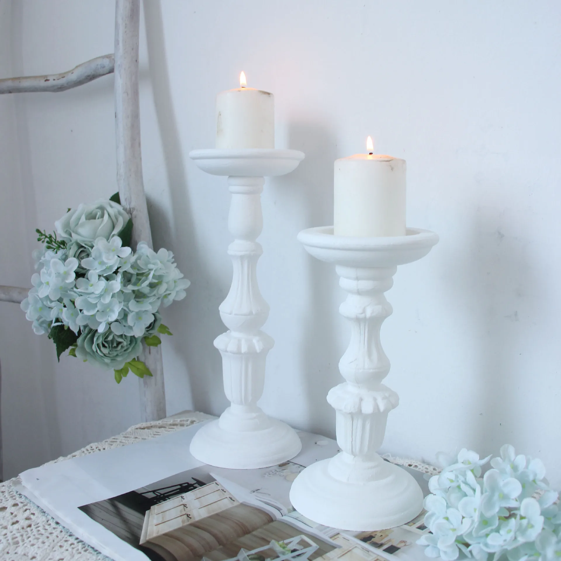 

Color set two candlesticks retro wood white embryo decorative ornament plain billet homestay photography photo props