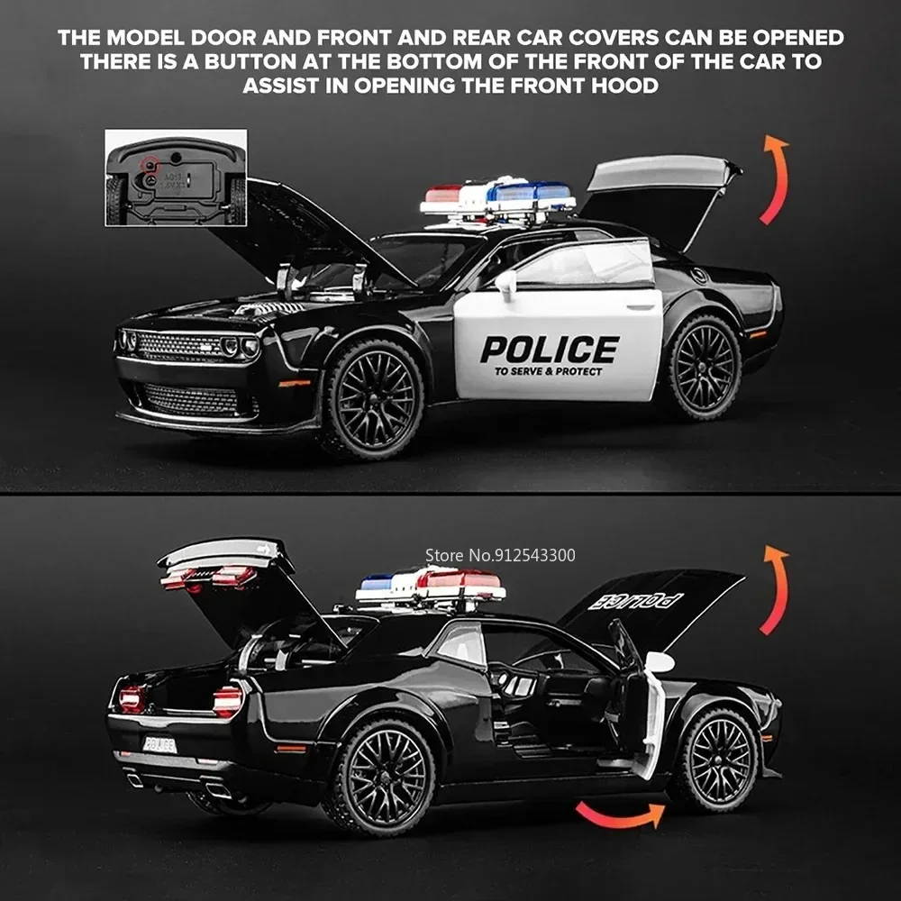 1:32 Challenger SRT Hellcat Polizeiauto Modell Spielzeug Zurückziehen Sound Licht Türen Geöffnete Fahrzeugmodelle für Jungen Sammlung Geschenke