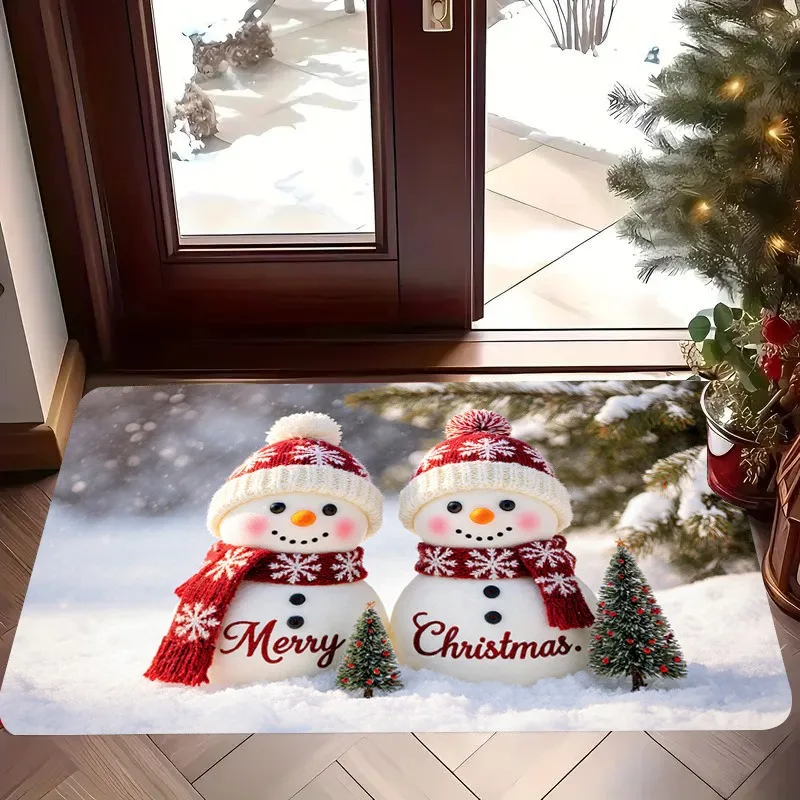 Christmas Plaid Patchwork Doormat Snowflake Print Decorative Floor Mat for Front Door Entryway Indoor Holiday Decoration Rug