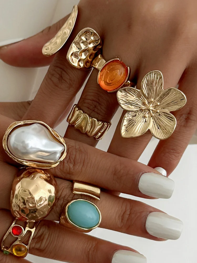 

Набор колец в стиле барокко с преувеличенным цветочным узором, модные женские кольца из сплава для свадьбы, украшения для рук
