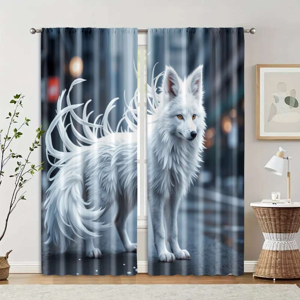 2pcs, Curtains&Drapes White Nine-Tailed Fox 100% Polyester (without rod) Versatile All Ldeal for Bedroom & Living Room -