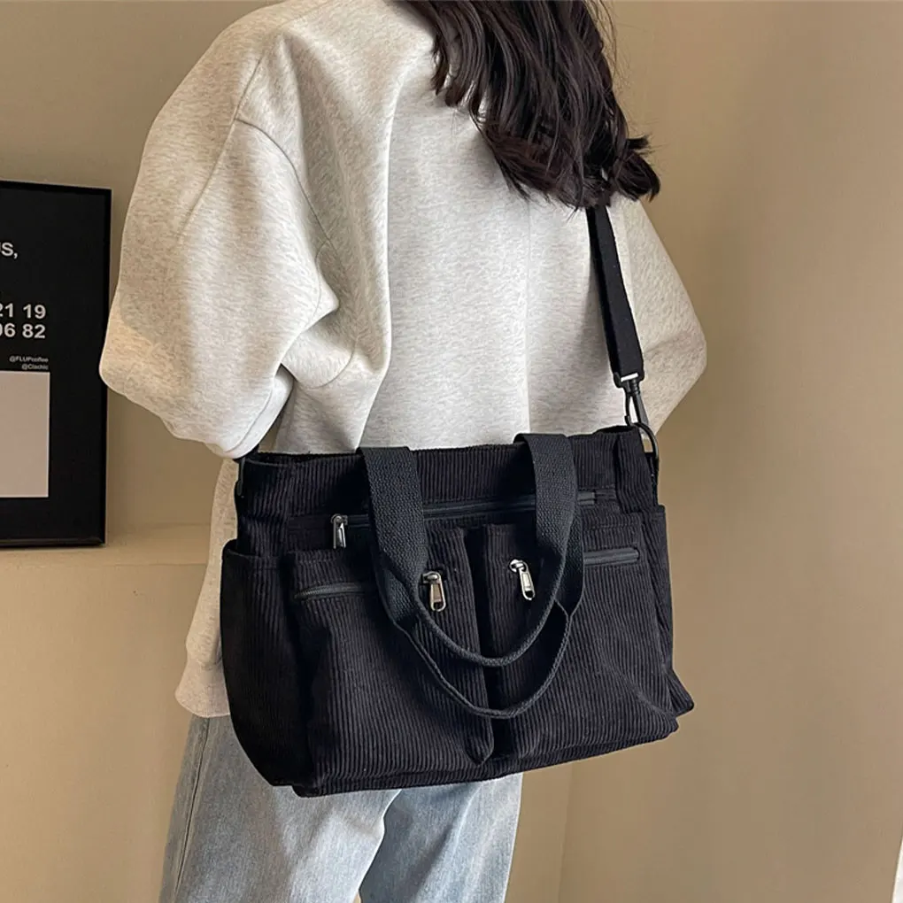 

Simple Womens Shoulder Bag Fashionable Corduroy Fabric Foldable And Easy To Carry Striped Womens Bag Military Green