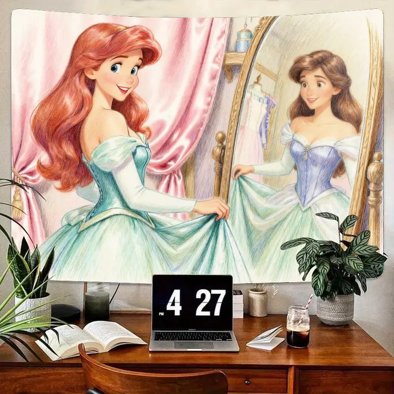 

1 шт., гобелен с зеркальным трансформацией принцессы Диснея Ариэль Белль, мечтательный кавайный эстетический настенный рисунок из полиэстера для декора спальни для девочек