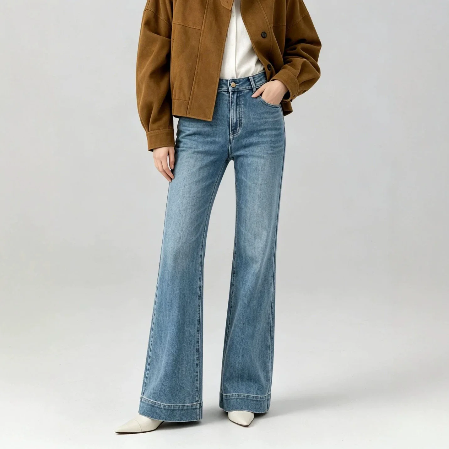 YJKDYK Women's Jeans Glazed Blue Deconstructed Splicing Stretch Cotton Jeans 2026 Autumn New Slim Fit Flared Chic Denim Trousers