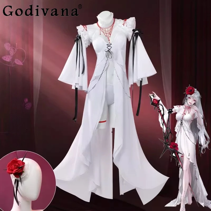 

Game Path Sexy Cosplay Dress Women White Uniform Sinner Flower Costume Dress Female Hairpin Legwear Accessories Dress Set