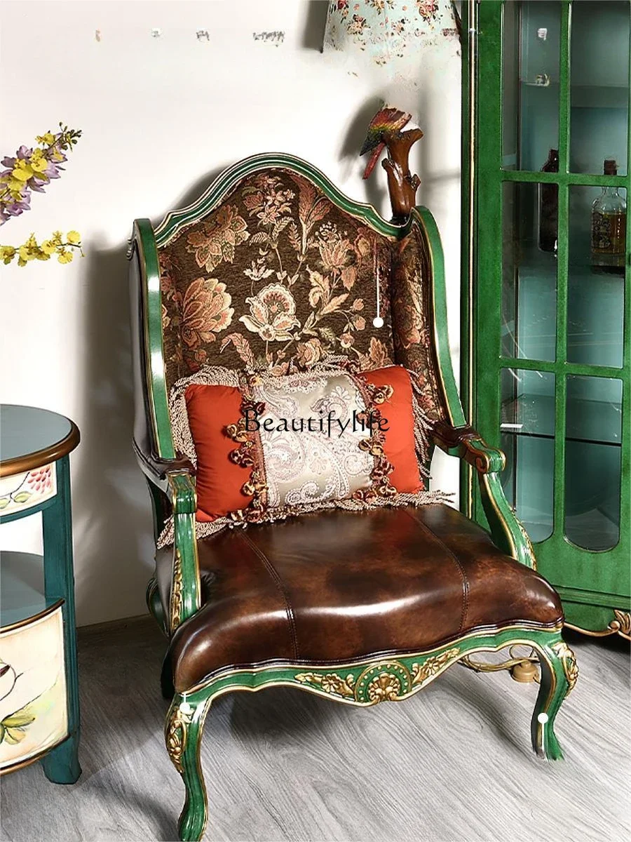 

pg45American Country Single-Seat Sofa Chair Solid Wood Living Room Balcony Leisure Wingback Chair Neoclassical Back Stool