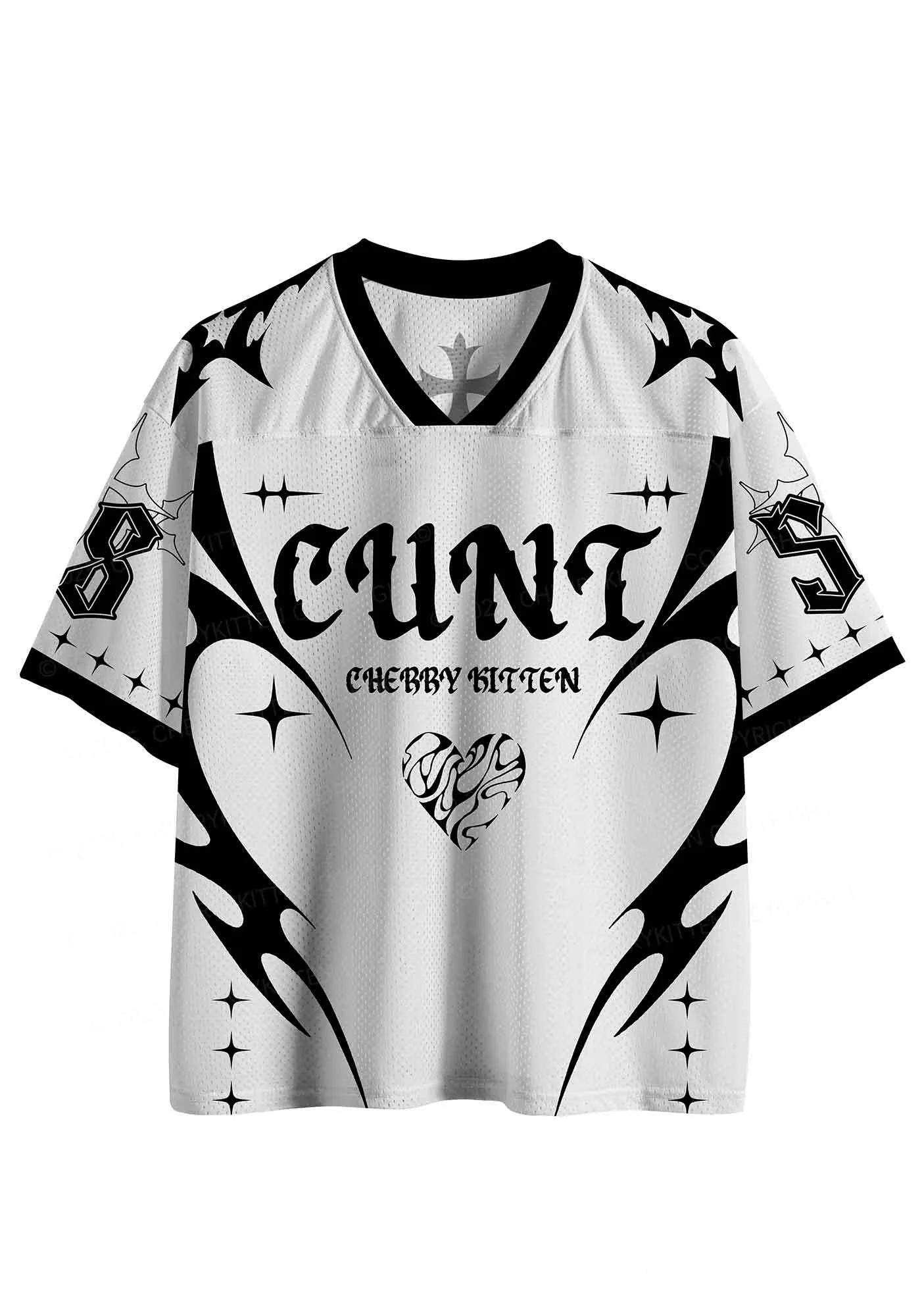Y2K Millennium Wind GOD's FAVORITE FAG Letter Printed Mesh T-shirt Lightning Star Loose V-neck Jersey