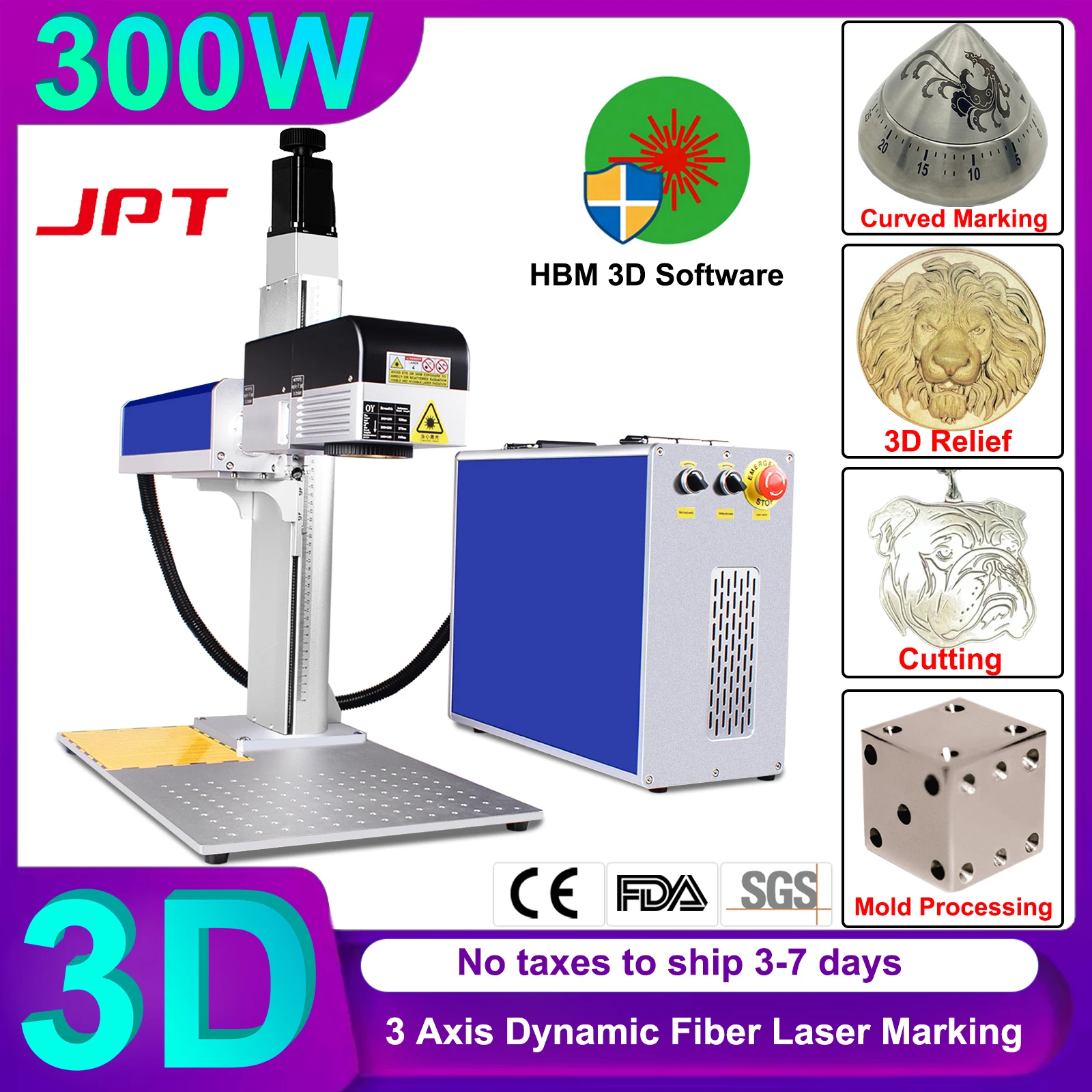 

Лазерный гравировально-резательный станок JPT 300W 3D с динамической оптоволоконной лазерной головкой, 200W 3D станок для глубокой рельефной гравировки, 3-осевой лазерный гравер для металла