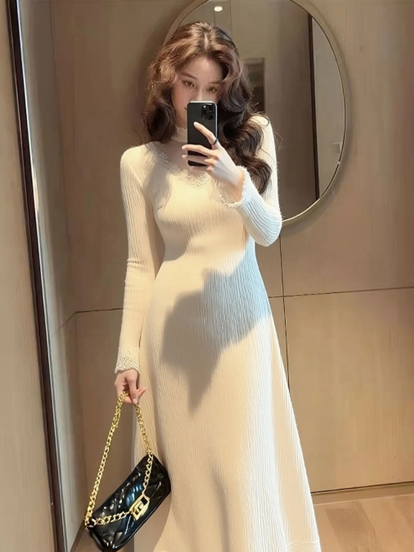 

Ele Lace Splice Long Sve Knitted Dr Sli Unique Design Commute Korean Sle Slim Fit Winter Autumn Faion Dr