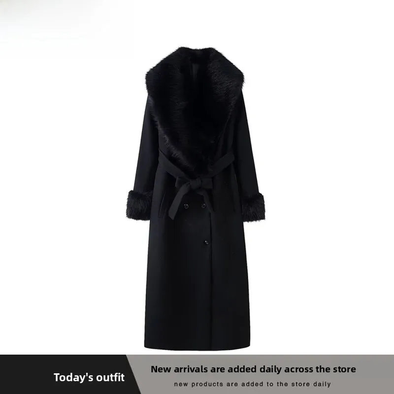 

Модное длинное шерстяное пальто для женщин с воротником и меховой отделкой, осень-зима, новинка, уличный стиль, 100% полиэстер