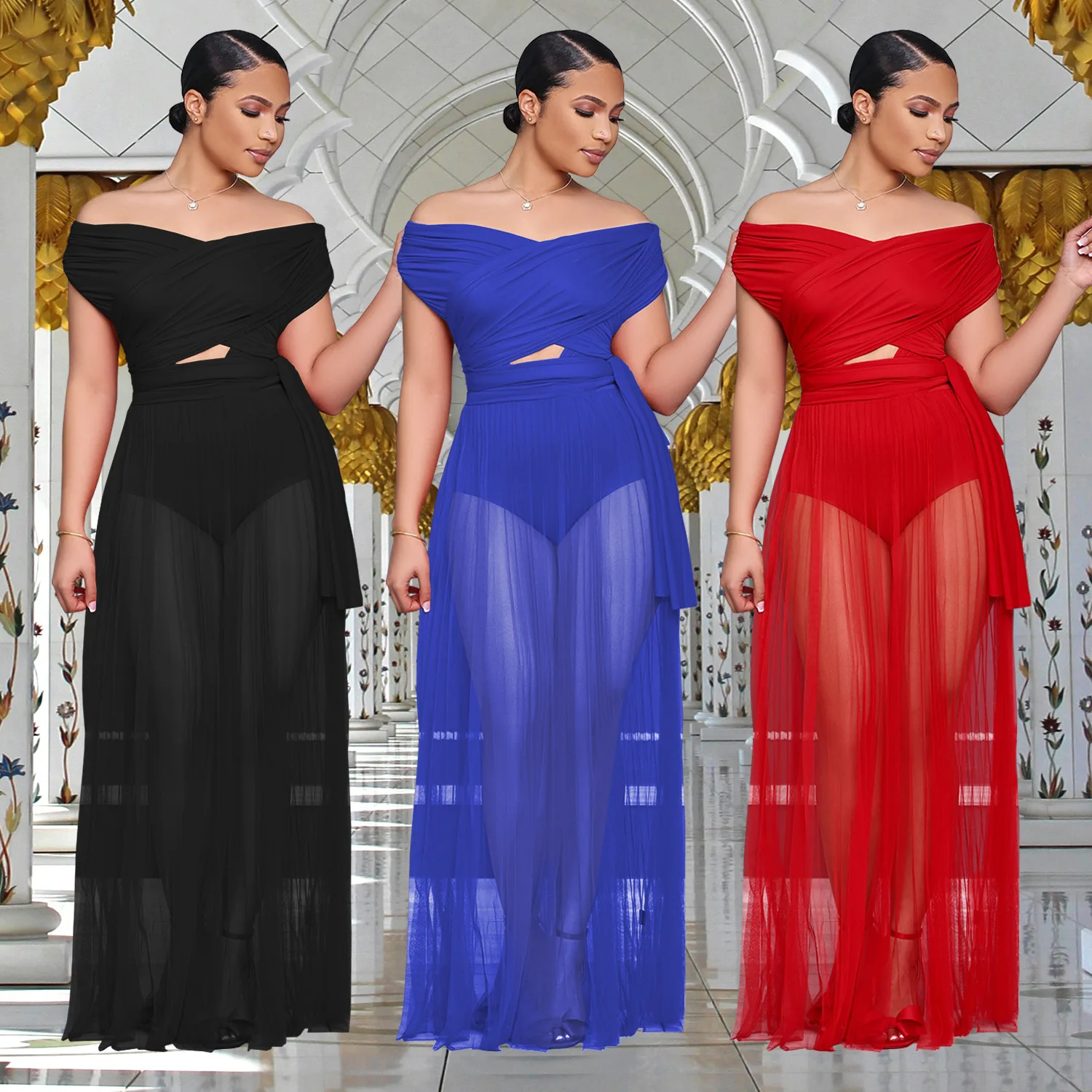 

Customized Women's Adult European and American Fashion Sexy Perspective Dress Makeup Evening Dress Long Skirt Set Bodysuit