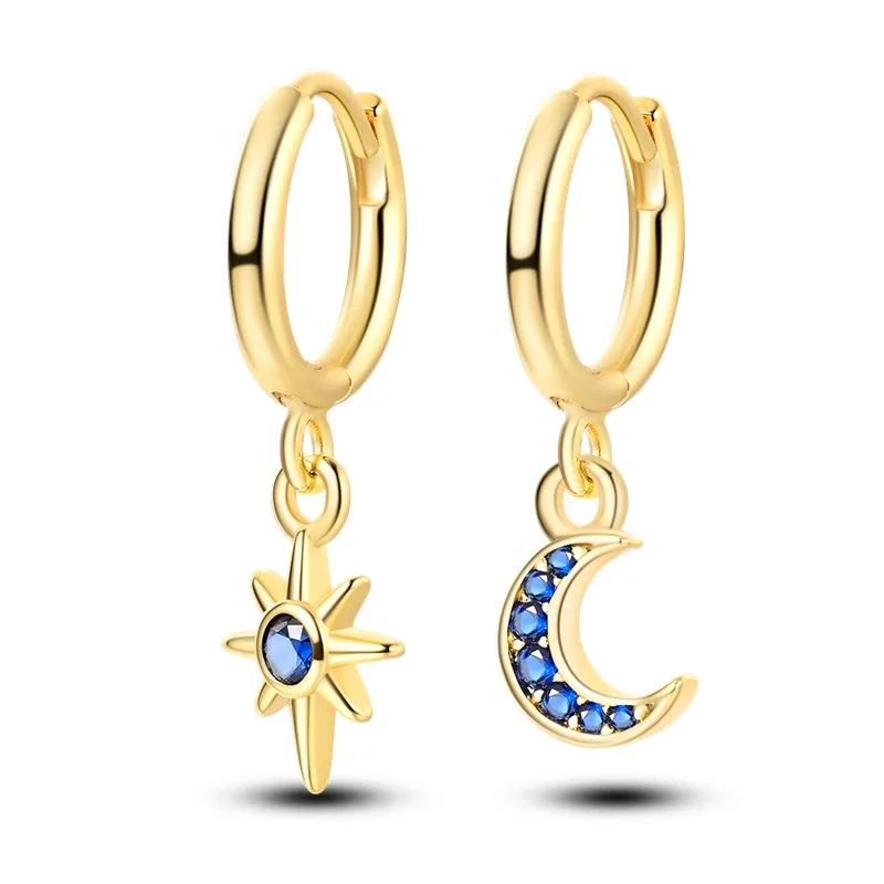 925 Sterling Silver Gold Moon & Star Hoop Earrings For Women Elegant Party Wedding Birthday Jewelry Gift