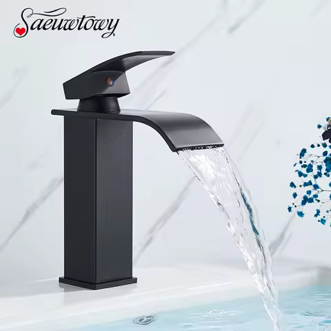 Single Handle Waterfall Matte Black Bathroom Basin Faucet Waterfall Spout Hot&amp;Cold Sink Mixer Tap Deck Mounted Brass Taps Crane
