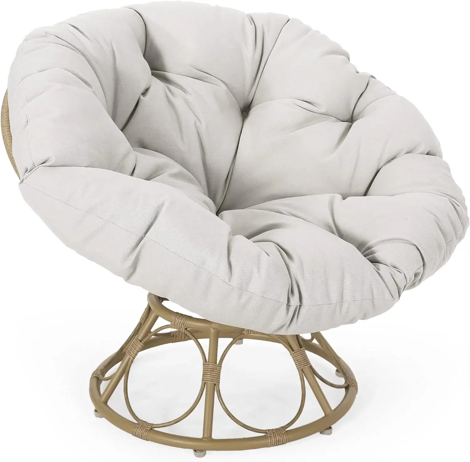 Nicholas Outdoor Papasan Swivel Chair with Water Resistant Cushion, Light Brown and Beige