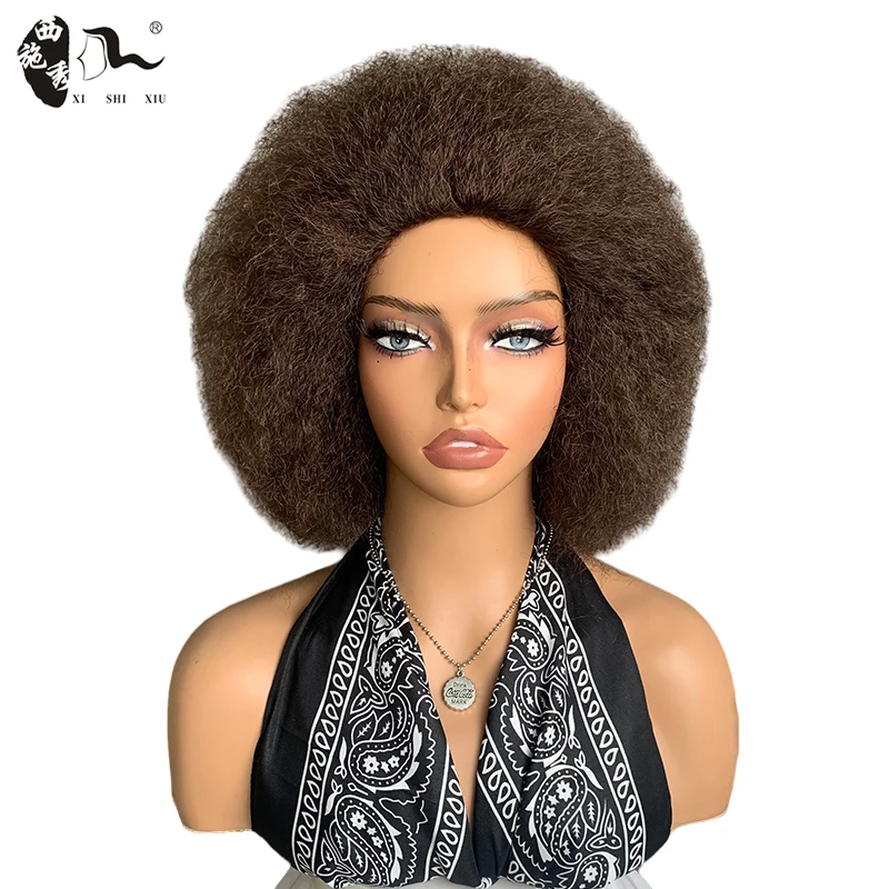 

Short Afro Fluffy Yaki Straight Hair Synthetic Wig Brown Wine Color Afro Kinky Curly Hair Heat Resistant Fiber Hair Cosplay Wigs