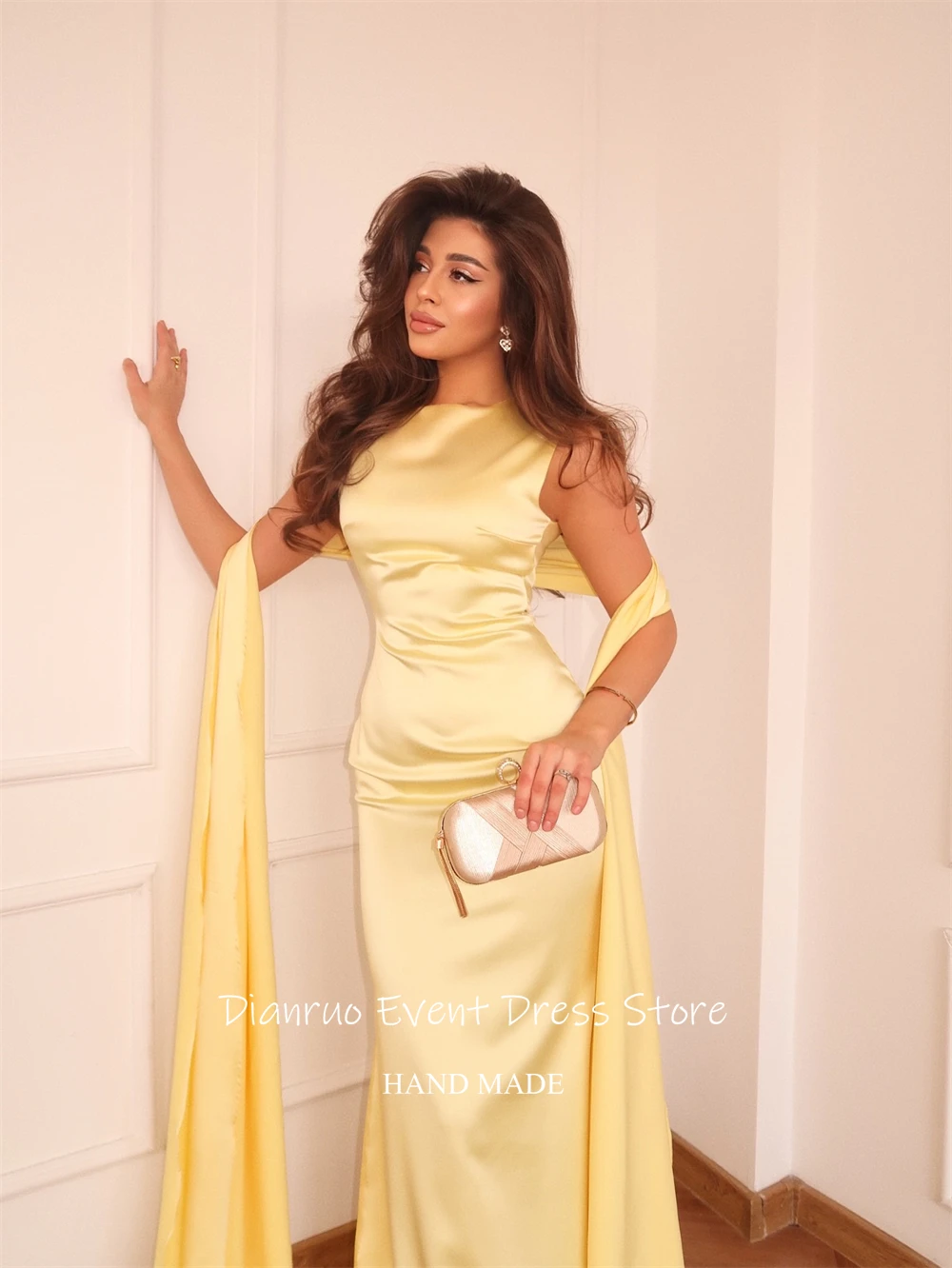 Dianruo-vestido de noche amarillo sin mangas, vestidos de fiesta de sirena de satén hasta el suelo, vestidos de desfile sin mangas para mujer personalizados