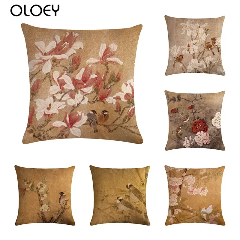 

Vintage Flowers and Birds Cotton Linen Pillow Cover Cushion Cover Decorative Pillow Case for Sofa Car Chair Gift 45x45cm