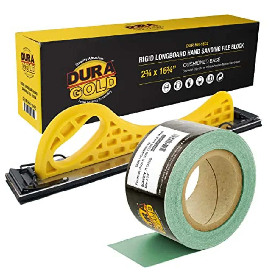 

Dura-Gold Pro Series Longboard Hand Sanding File Sander Block - Hook and Loop Backing and PSA Adapter Pad and 2000 Grit Green S