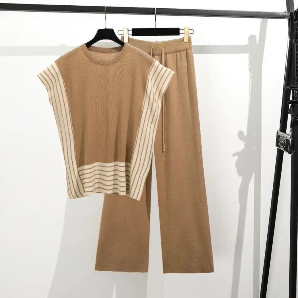 

Women Two-piece Suit Striped Knitted Two-piece Set with High Waist Pants Top Homewear Outfit for Women Round Neck Vest Set