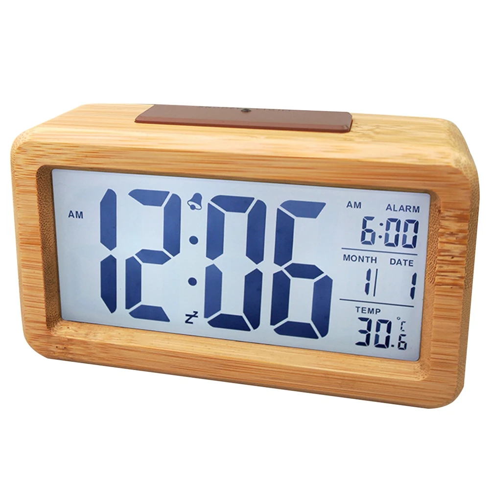 Wooden Digital Alarm Clock,Smart Sensor Night Light with Snooze, Date, Temperature Switchable, Solid Wood