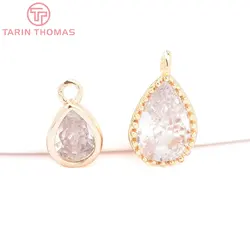 (8088) 6PCS 4x6.5MM 24K Gold Color Brass with Zircon Water Drop Shaped Pendants High Quality Jewelry Making Findings Accessories