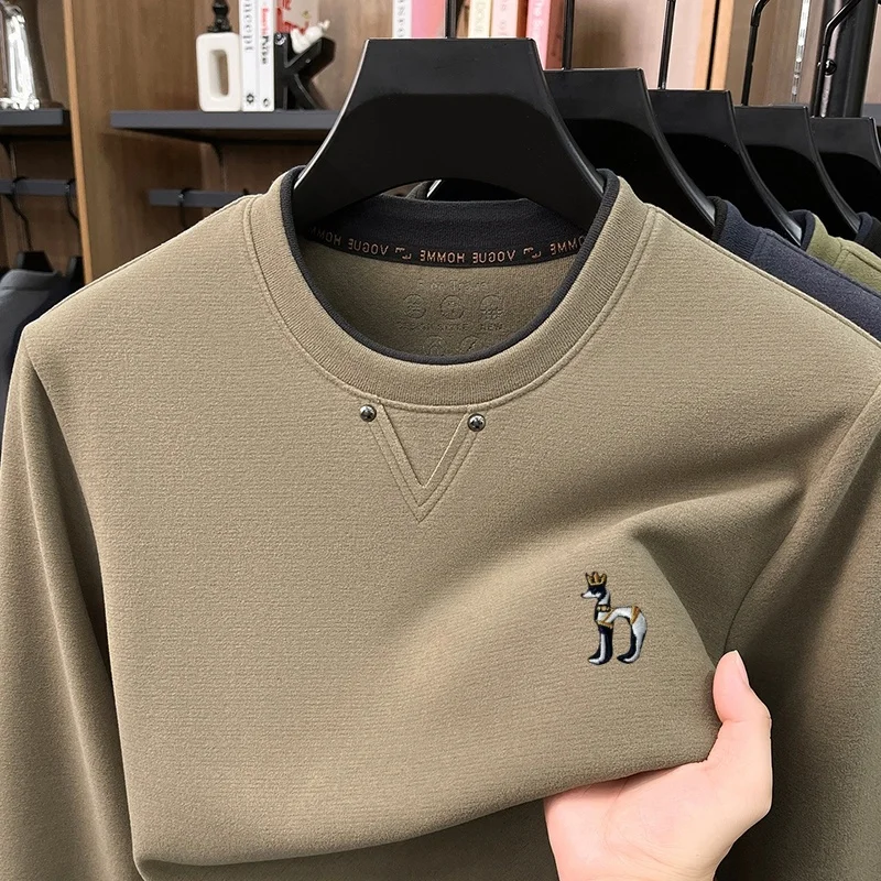Designer-Marken-T-Shirt für Herren, neu, Herbst, einfarbig, langärmelig, O-Ausschnitt, Basic-Pullover, stylisch, vielseitig, Herrenbekleidung – Detail 2